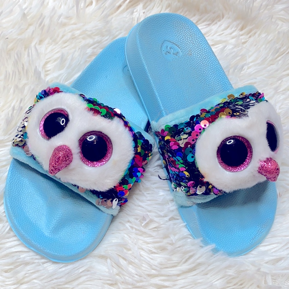 Ty Blue Sequin Owl's Slide Sandals Size Girl’s 11-13